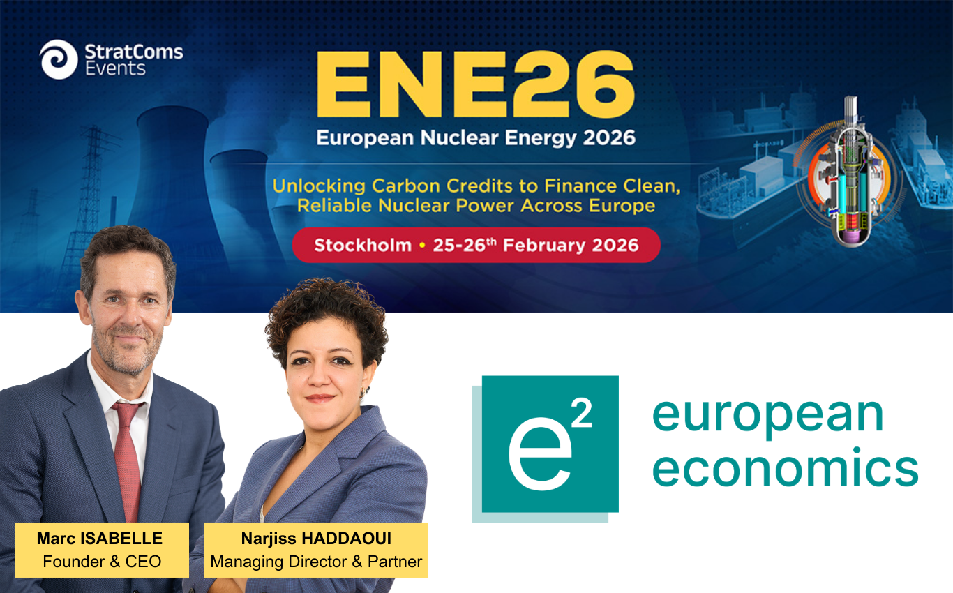 ENE26 banner – European Nuclear Energy 2026 in Stockholm (25–26 February 2026) with Marc Isabelle and Narjiss Haddaoui and the European Economics logo.