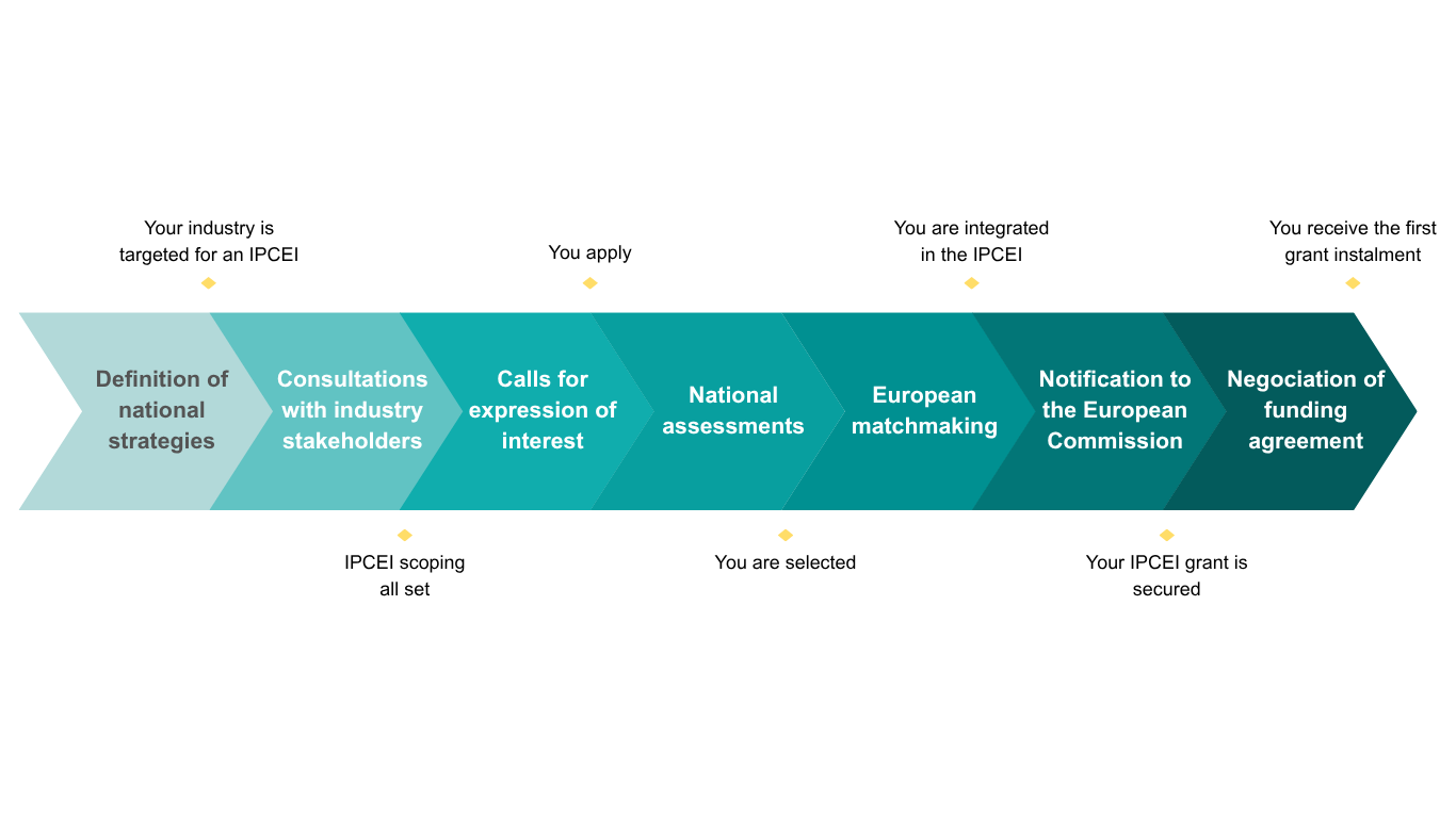 Diagram showing the IPCEI CRM process (IPCEI Critical Raw Materials): from national strategy definition by member states, calls for expressions of interest, national assessment, European matchmaking, to pre-notification to the European Commission.