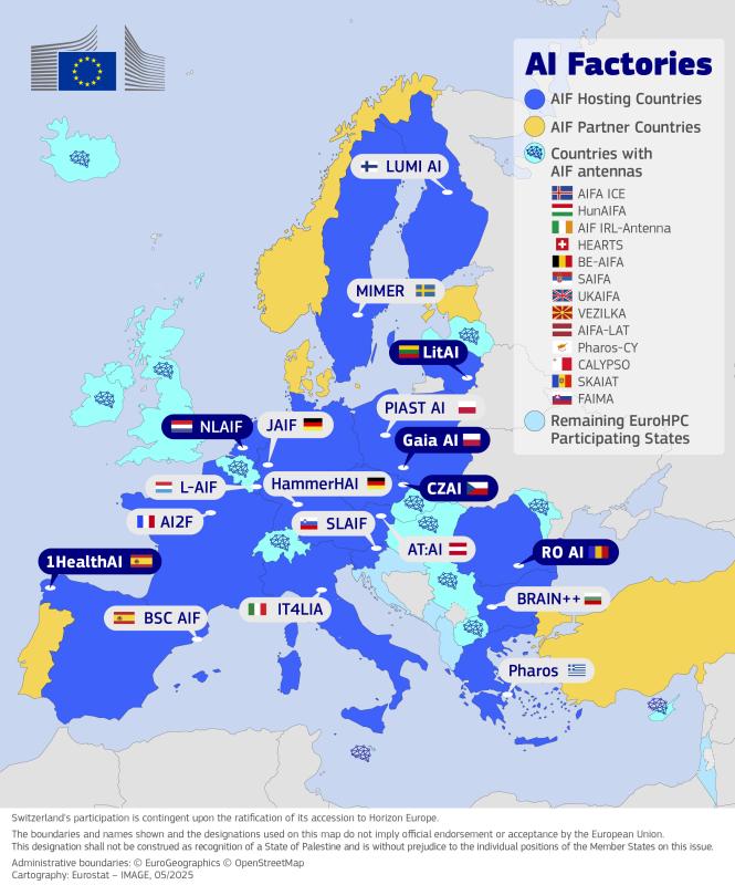 Carte du réseau EuroHPC comptant dix-neuf AI Factories et treize AI Factory Antennas en Europe, avec distinction des pays hôtes, des pays partenaires et des autres États participants. (appel d'offres de gigafactories d'IA)
